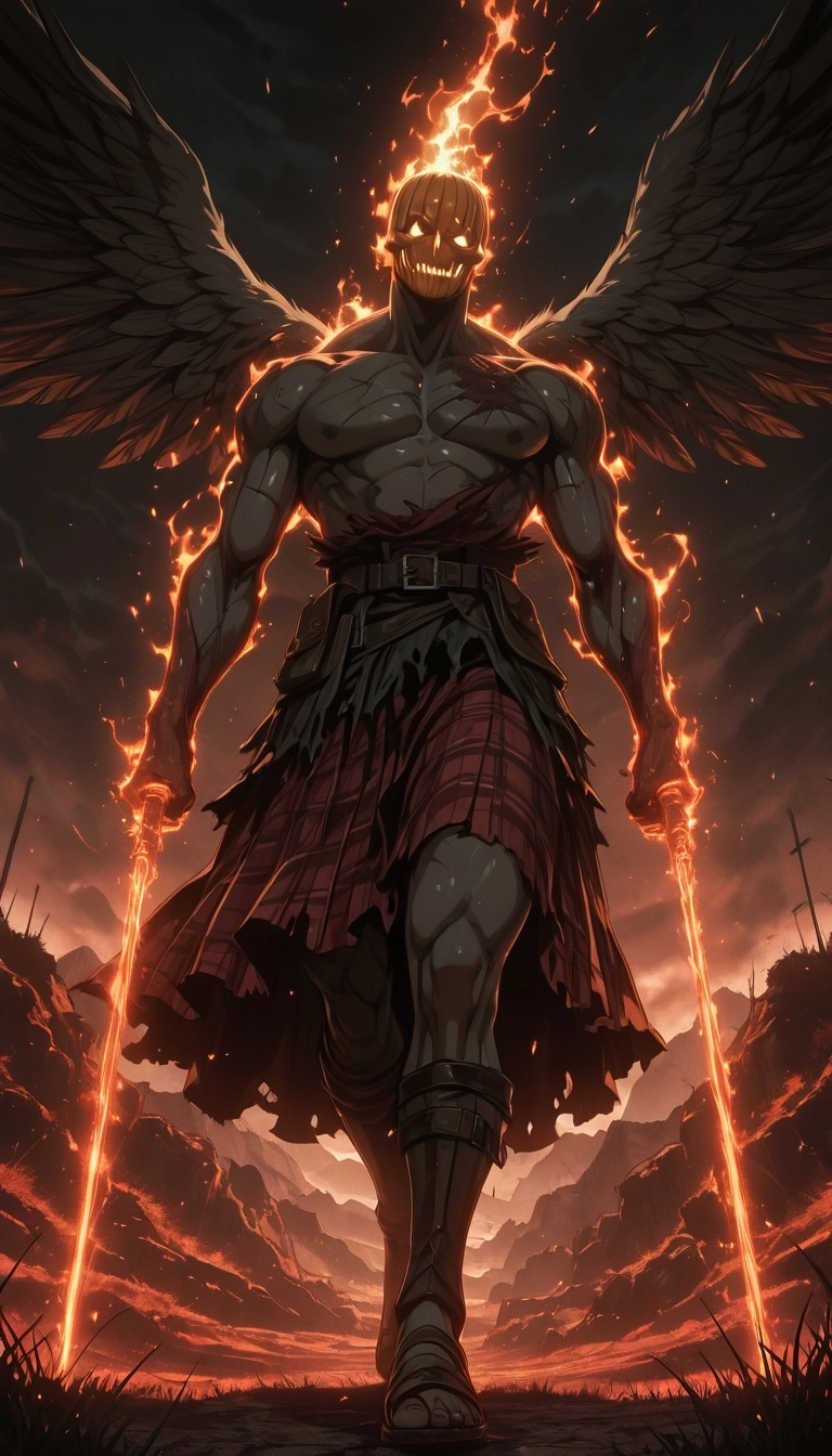 a surreal, high-contrast cinematic shot of a hulking, anthropomorphic pumpkin-headed warrior standing defiant in the cen