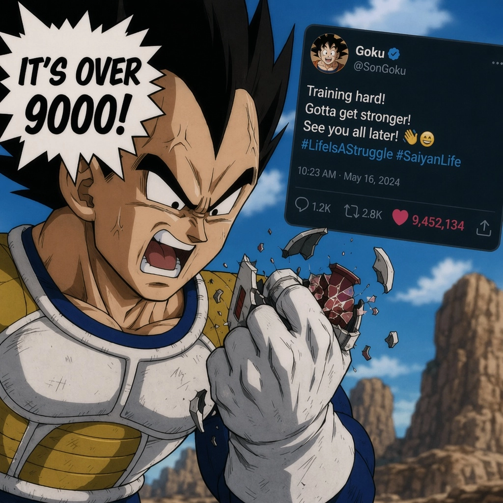 Vegeta crushing his scouter in his hand while exclaiming "It's over 9000!" as he reads the numbers of likes on a silly t