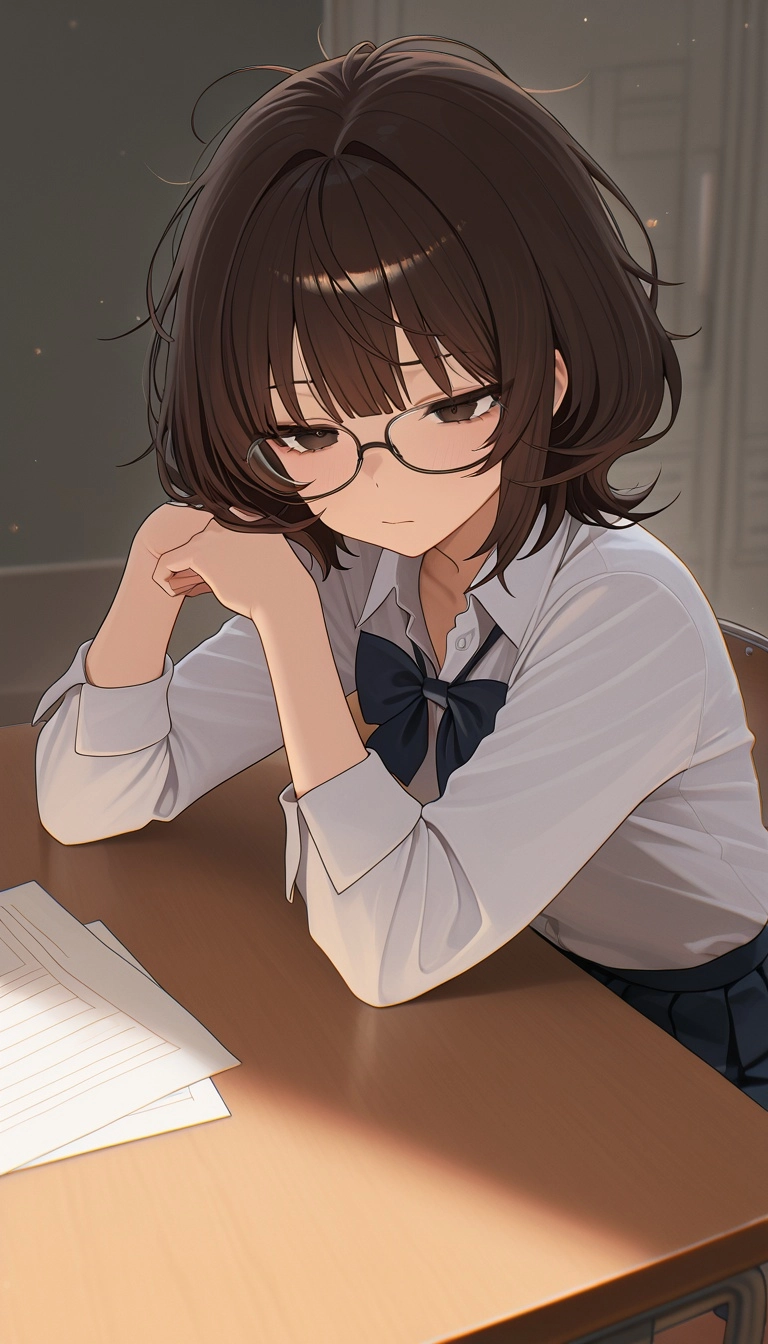 1girl ,in her 20s ,school background ,school girl uniform.Brown short messy hair ,brown dark eyes ,nerdy glasses ,smoth 
