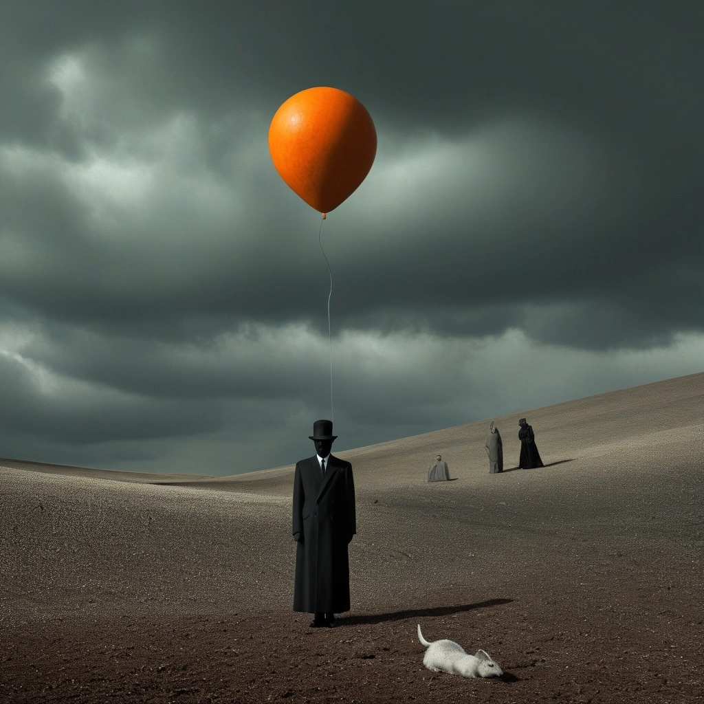 Magritte ll style mixed with photo overpainting of surreal horror strange objects entities rebus randomized postmodern i