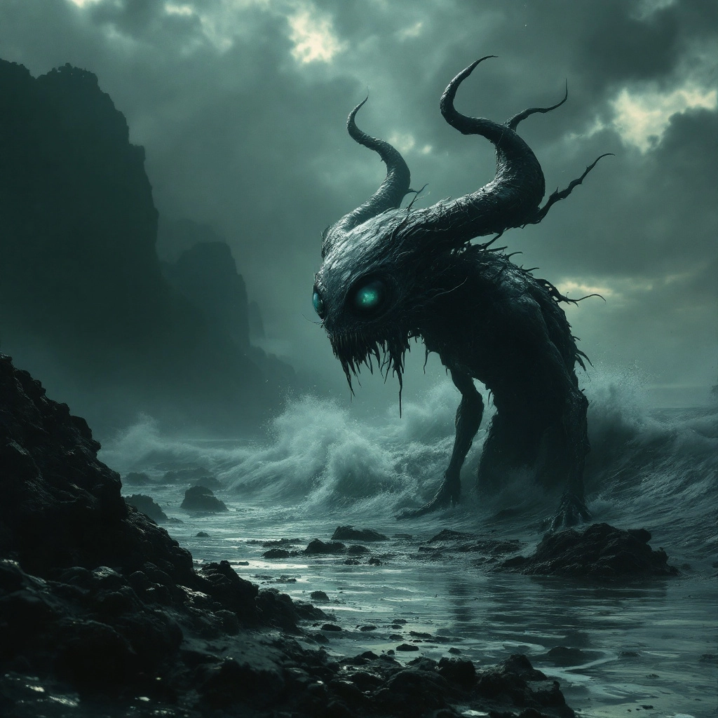 demon hiding in the dark with big eyes, themes of being stalking by an apex predator, liminal and eeriely themed you hat