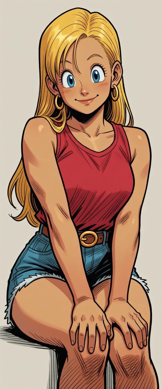 realistic stile, bulma, neutral background, smile, heart, tan, sexy titts, thighs, sitting