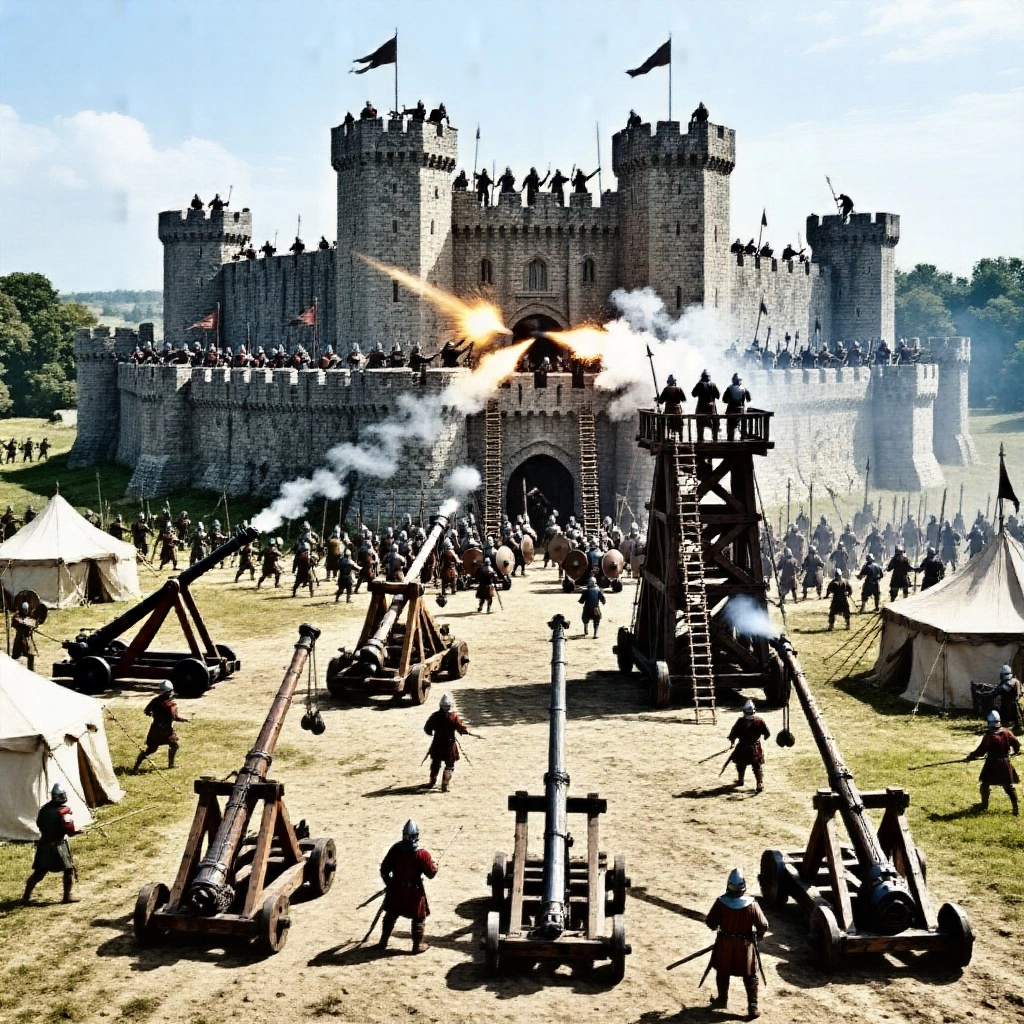 Medieval siege of a castle with trebuchets, catapults, and ballistas all firing on the castle while the attacking force 