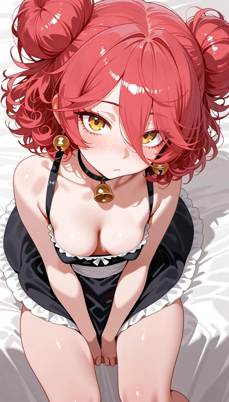 Girl, solo, maid, bell-earrings, choker, perky breasts, small breasts, small waist, soft thighs, skin pressed, side boob