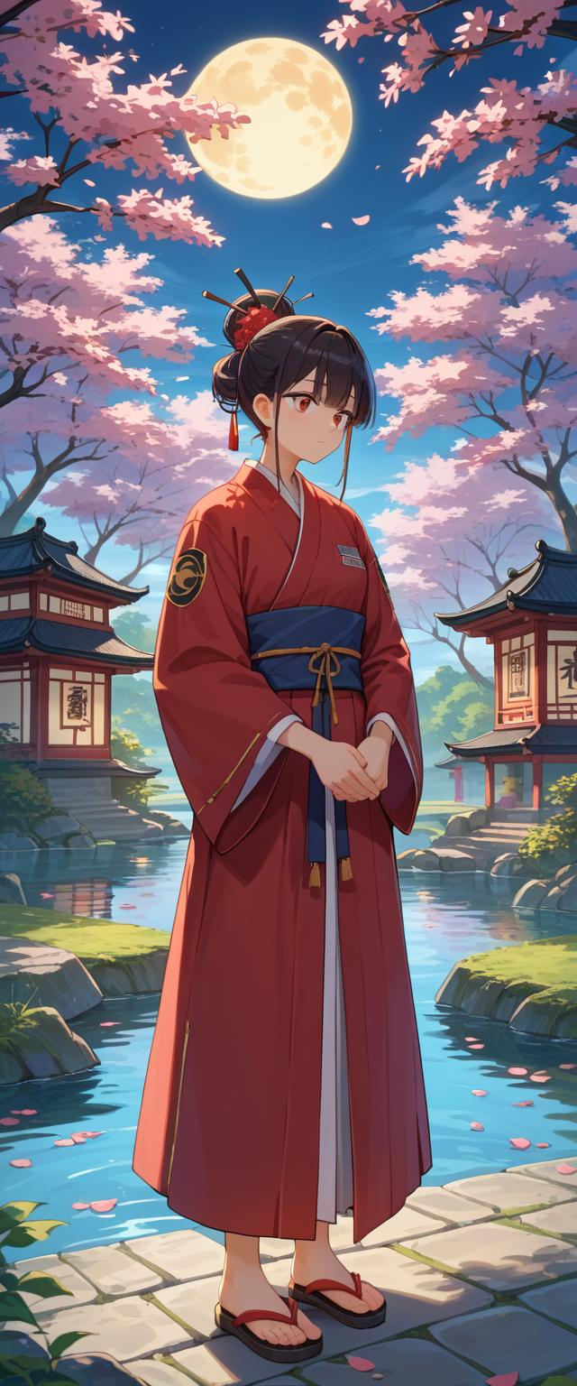 Moon-kissed, a secluded Japanese Zen garden with a clear, starlit sky reflected on the still pond, a single cherry bloss