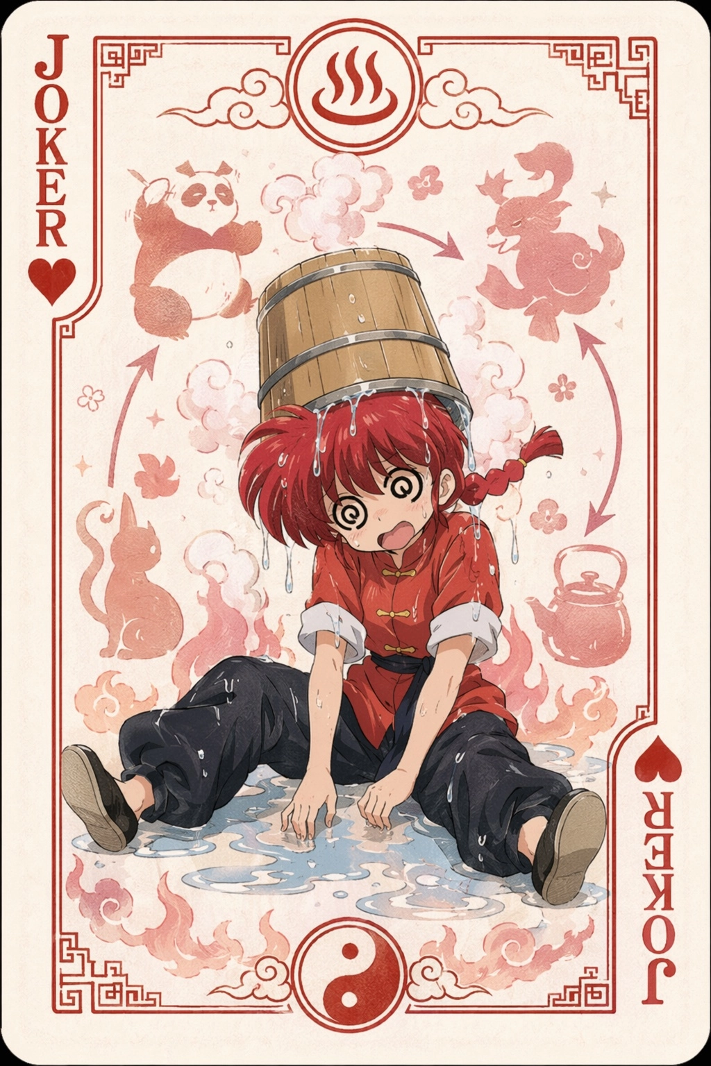 A very detailed playing card (Hearts) from Ranma 1/2 showing Ranma-chan (red hair, girl version) with a bucket of water 