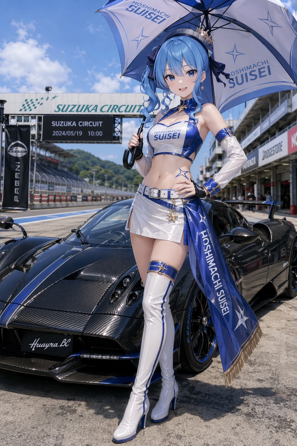 Hoshimachi Suisei, a virtual youtuber from Hololive Japan, standing in front of the Pagani Huayra BC hypercar, dressed a