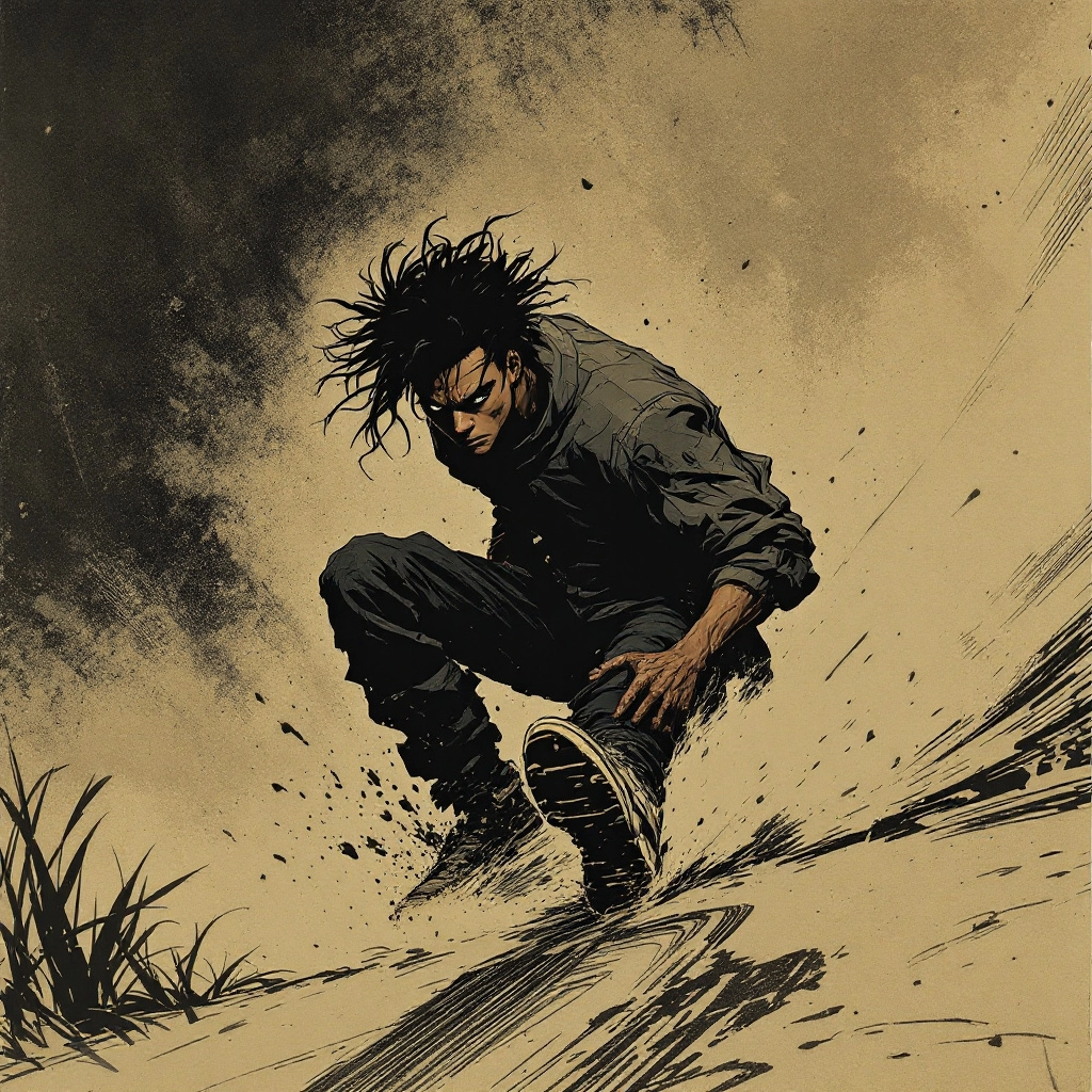 Artful and dark action Manga, a ragged but deft and zealous speedster depicted legs extended  with heels digging into th