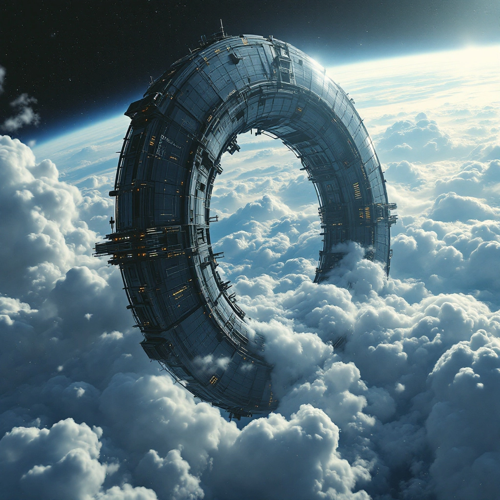 “Photorealistic, hyperrealistic. seen from close up. view point is from 45 degrees below it. A massive space station sha