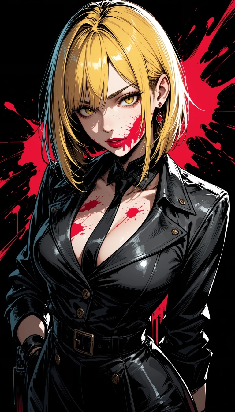 Mysterious femme fatale with striking blonde hair, expressionistic ink wash style, high-contrast tones, bold splash of c