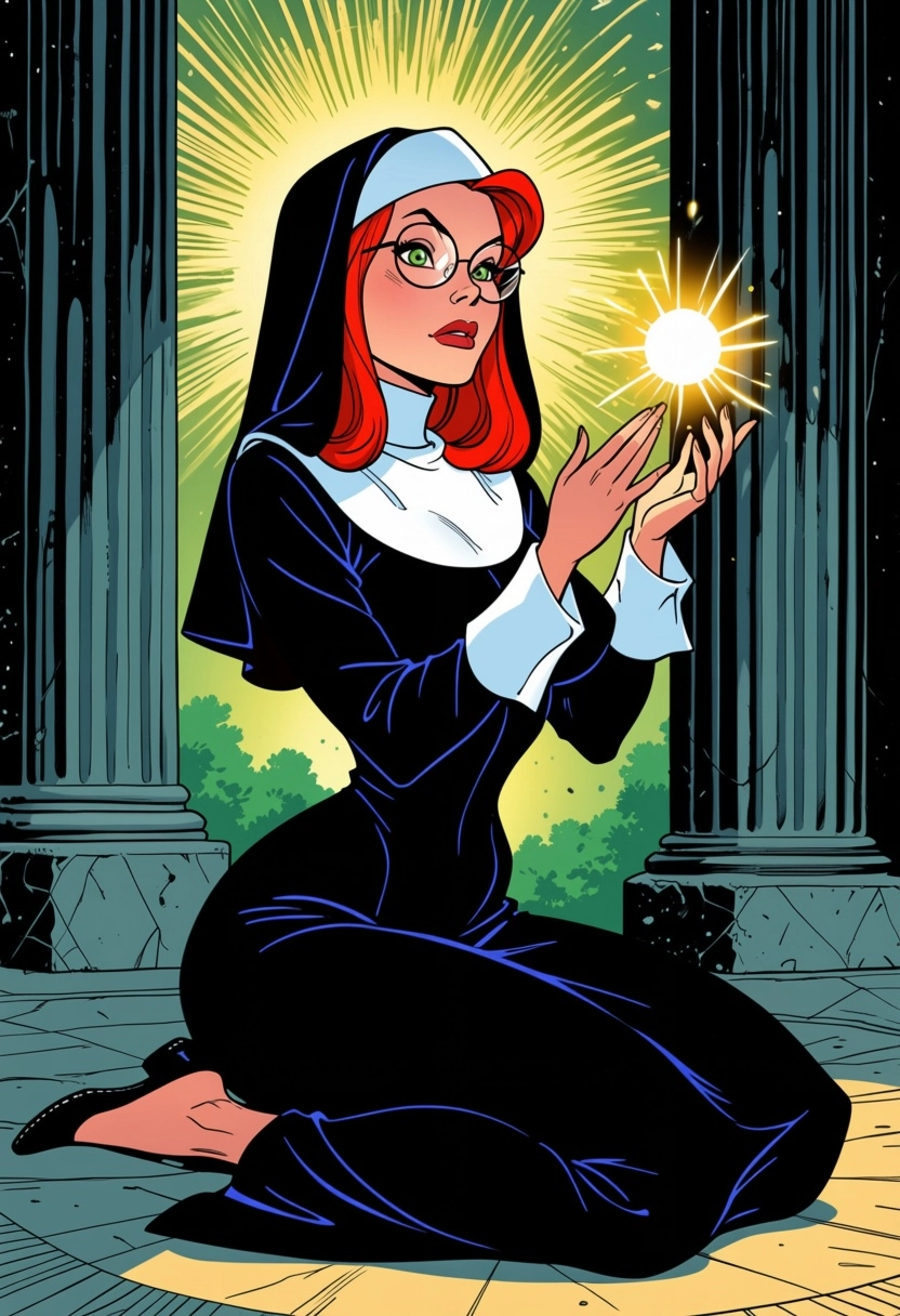 Female elf, red hair, glasses, temple, nun dress, on her kneels, hands up, invoke divine power