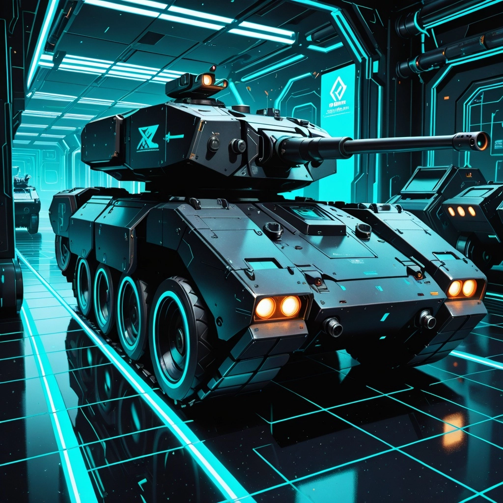Orthographic 3 quarters view Projection. Sleek Black sci-fi combat tank with white neon circuit outline. Hover tank with
