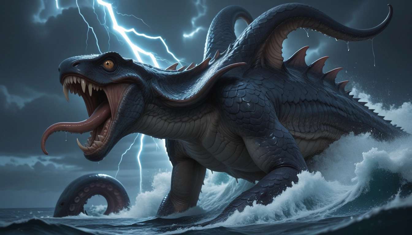 fantasy, kraken, tempest, ocean, fangs, emerging from the ocean during a storm, lightning, scales, crest along the back,