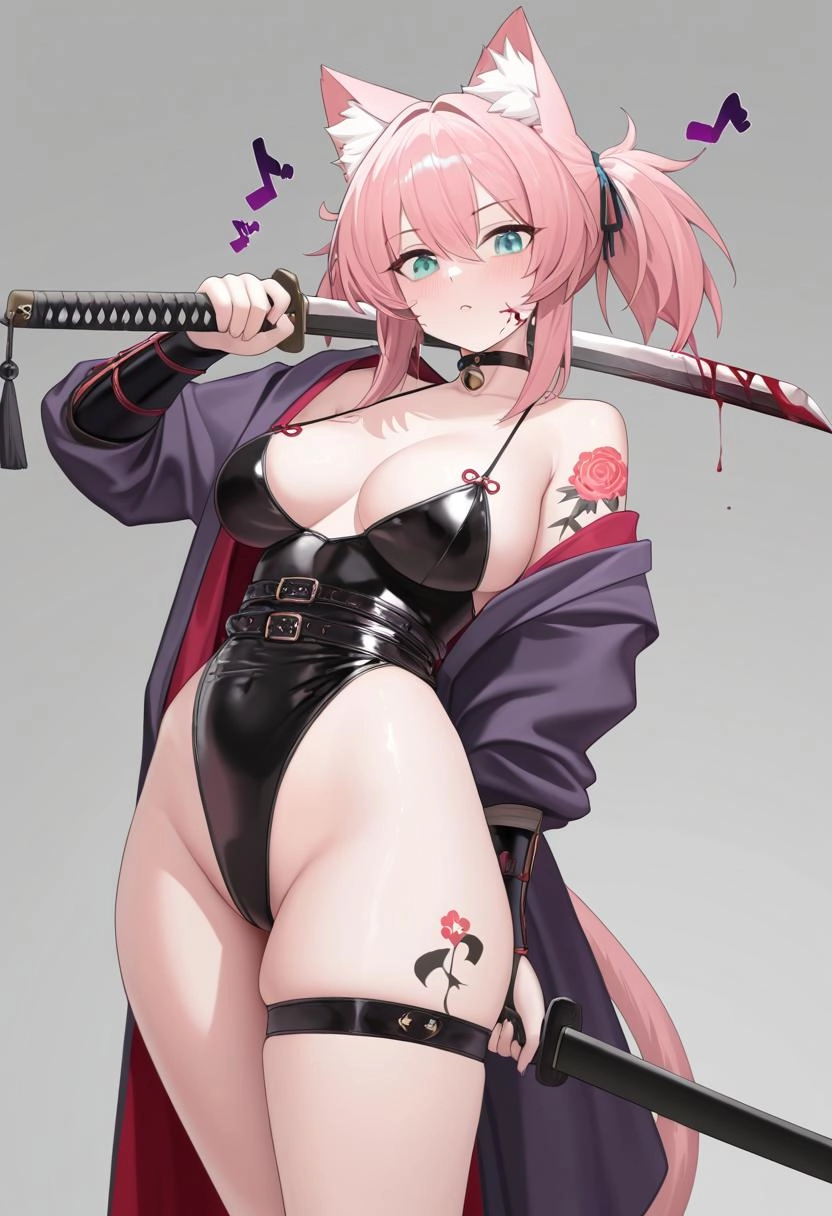 Samurai anime cat girl with body tattoos wielding a sword slicing with blood all over her with a menacing look on her fa