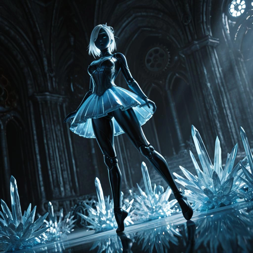 A mechanical ballerina automaton, her gears and springs visible beneath a delicate, crystalline tutu made of sculpted ic