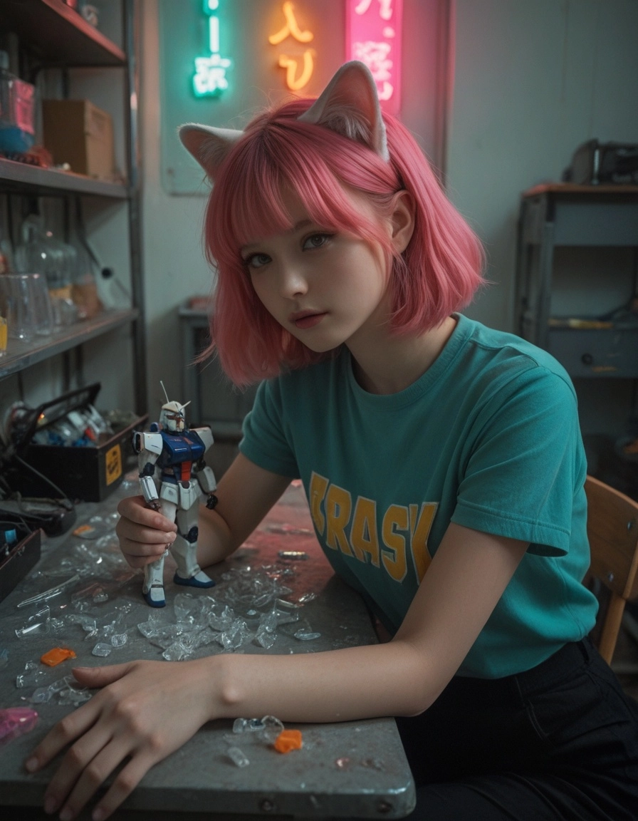 1girl, cat ears, pink short hair, assembling SGundam model kit, focused expression, hands on parts, detailed plastic pie