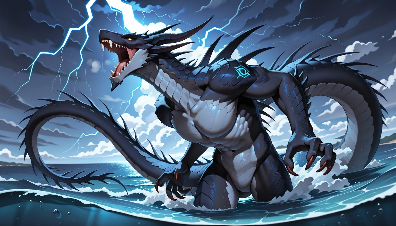 fantasy, long serpent sea monster, tempest, ocean, fangs, emerging from the ocean during a storm, lightning, scales, cre