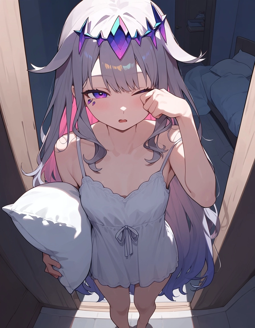 Koseki Bijou, Hololive, sleepwear, holding pillow under arm, rubbing one eye with the other hand on the other arm, wakin
