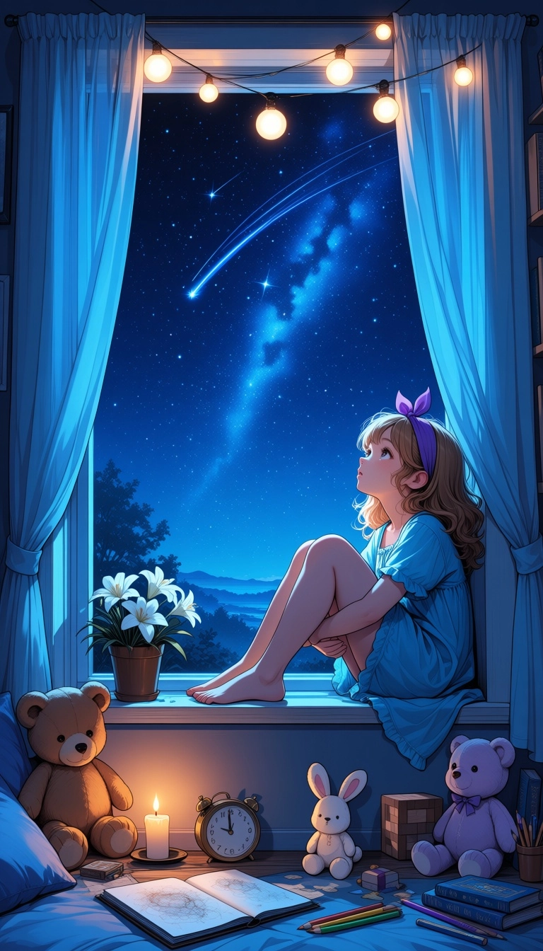 Semi-realistic digital illustration of a girl sitting on a windowsill at night, looking up at the starry sky. She has wa