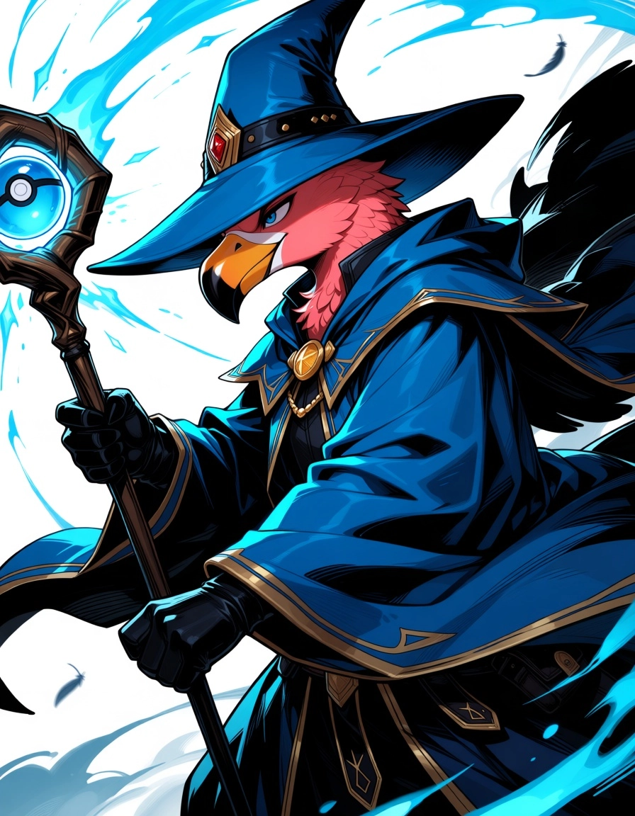 male, flamingo, avian, pink feathers,  flowing prismatic blue mages  robe,  blue  wizard's hat, Golden mage's staff with