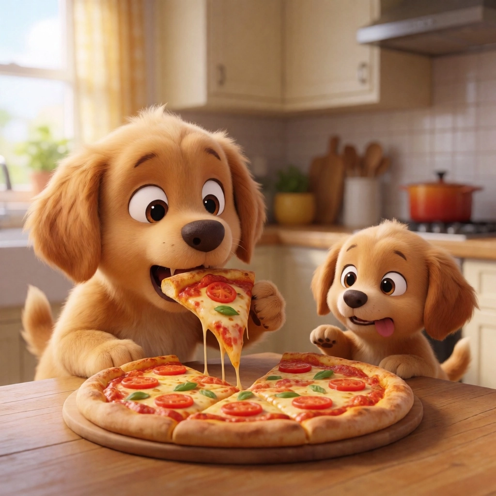 A cute golden-brown puppy secretly grabs a slice of pizza
from a kitchen table and runs away.
Funny facial expressions, 