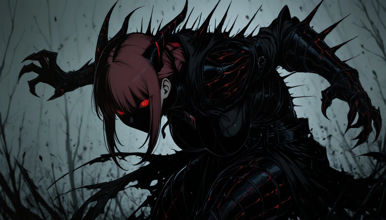 1girl, Makima, blackwhiplash artstyle, sharp lines, high contrast, dynamic pose, intense expression, dark fantasy aesthe