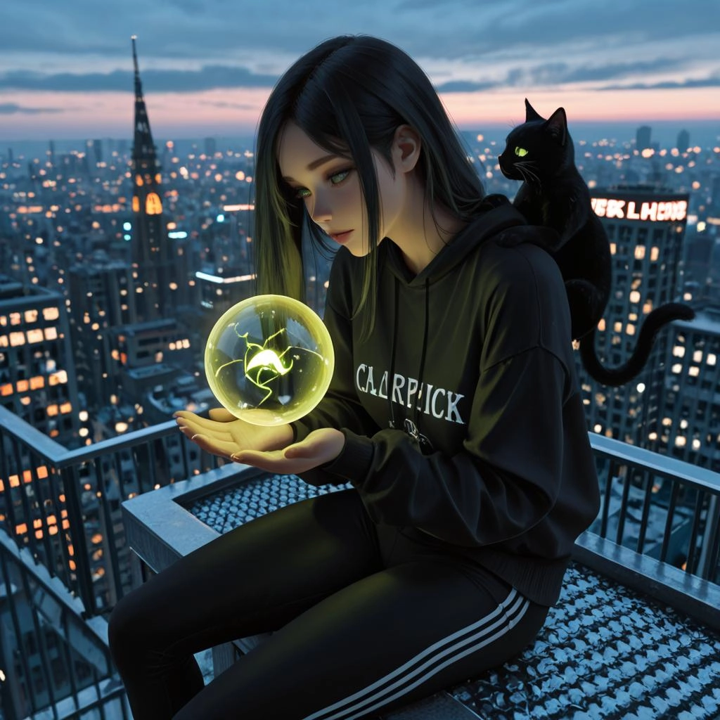 <lora:Ink Poet:1.0> A modern witch, dressed in stylish streetwear, stands on a bustling city rooftop at dusk, her spellb