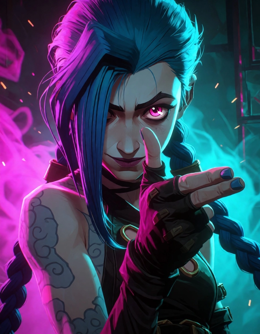 A dramatic masterpiece portrait of Jinx from Arcane, making a finger gun gesture towards the camera with a playful yet c