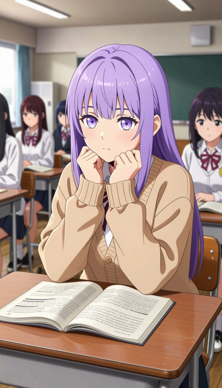 Beautiful cute anime style illustration, wide medium-long shot, a first-year high-school beautiful girl, kuudere archety