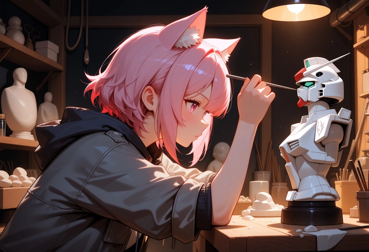 1girl, catgirl, short pink hair, pink eyes, sculpture studio, artist sculpting statue, gundam statue, marble statue, chi