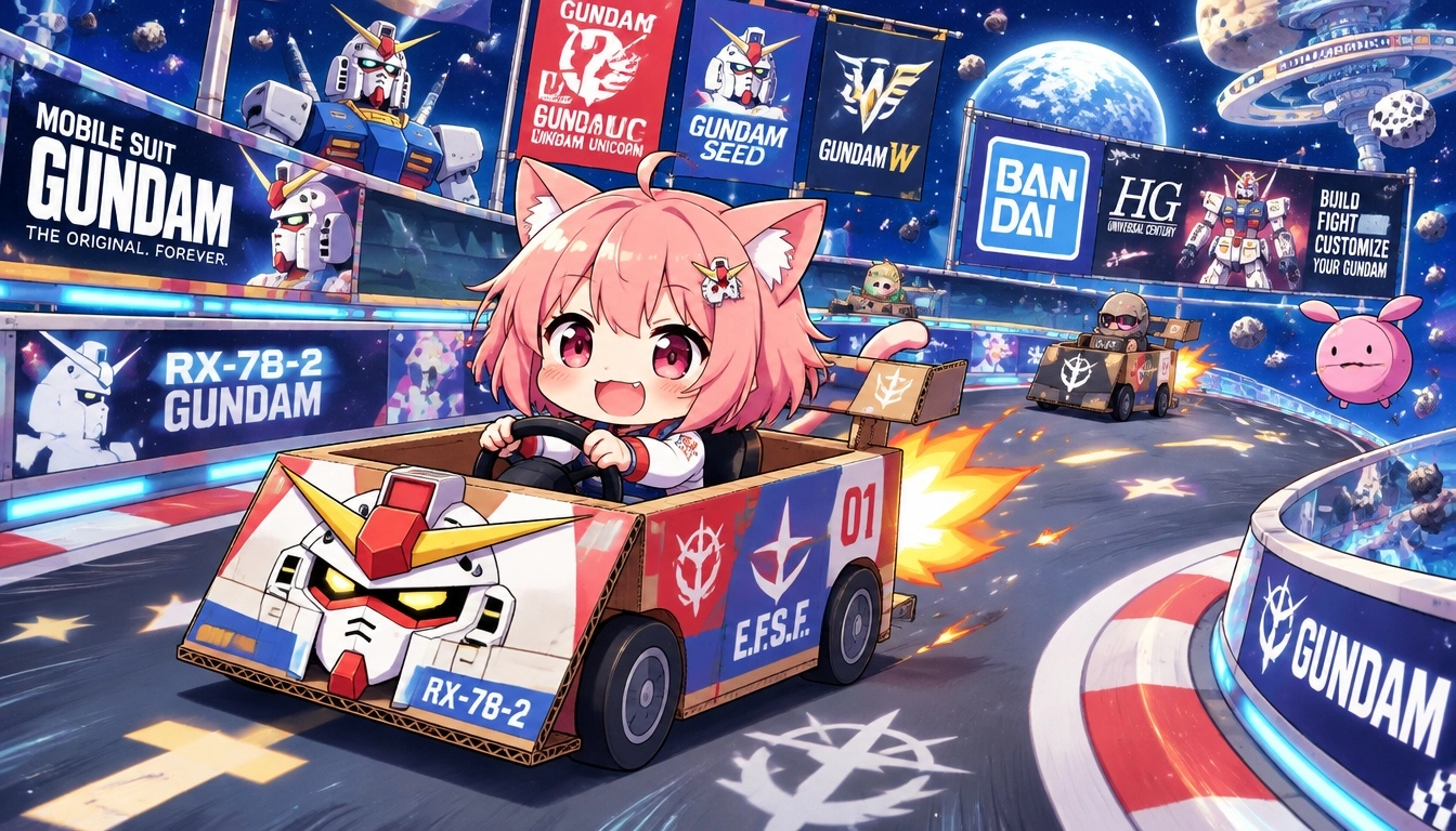 chibi catgirl, short pink hair, pink eyes, sitting inside a small cute Gundam themed racecar that is made from a cardboa
