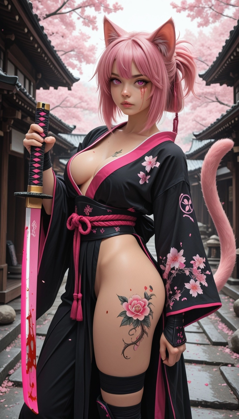 Samurai cat girl, with a samurai sword with pink hair, pink eyes, face, tattoos, with blood everywhere