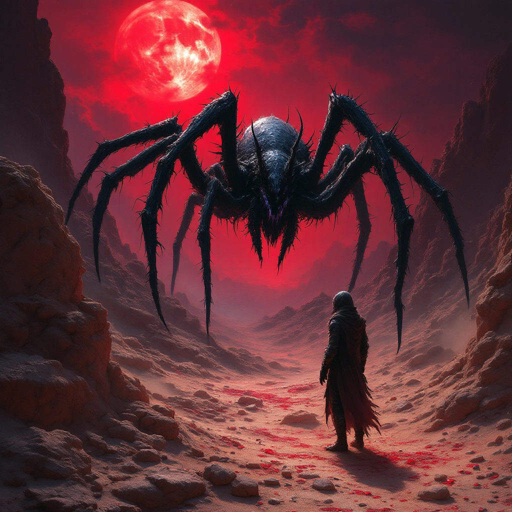 Mounds of sand  made of stones like rubies cascade underfoot as a demon hunter faces a intensely creepy cold black carap