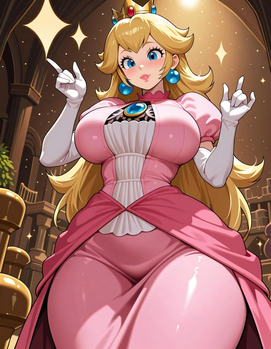 **"1girl, Princess Peach, long flowing golden blonde hair, bright blue eyes, golden crown with red gem, pink princess dr