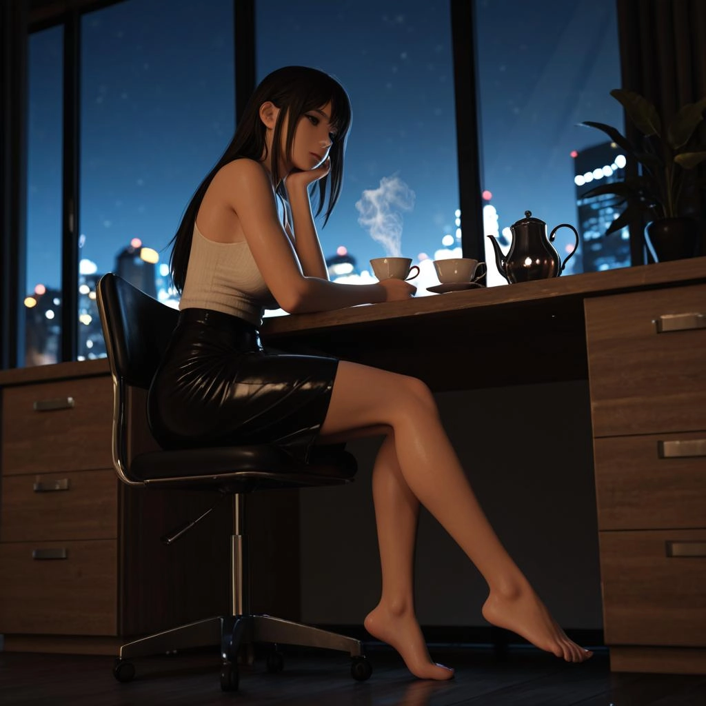 A sleek, cinematic photograph with a modern feel. The shot is taken from a low angle at the end of a minimalist desk, lo