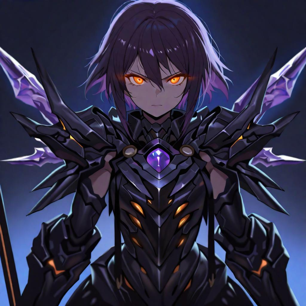 masterpiece, high detail, high quality, anime style, 1girl, dark lighting, messy short hair, dark purple hair, orange ey