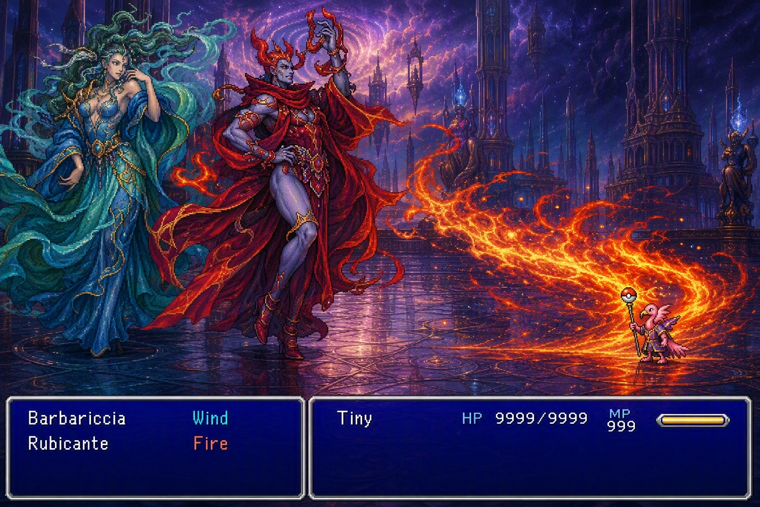 A male mage flamingo named "Tiny" with a Pokeball staff, detailed but small sprite, facing off in a Final Fantasy battle