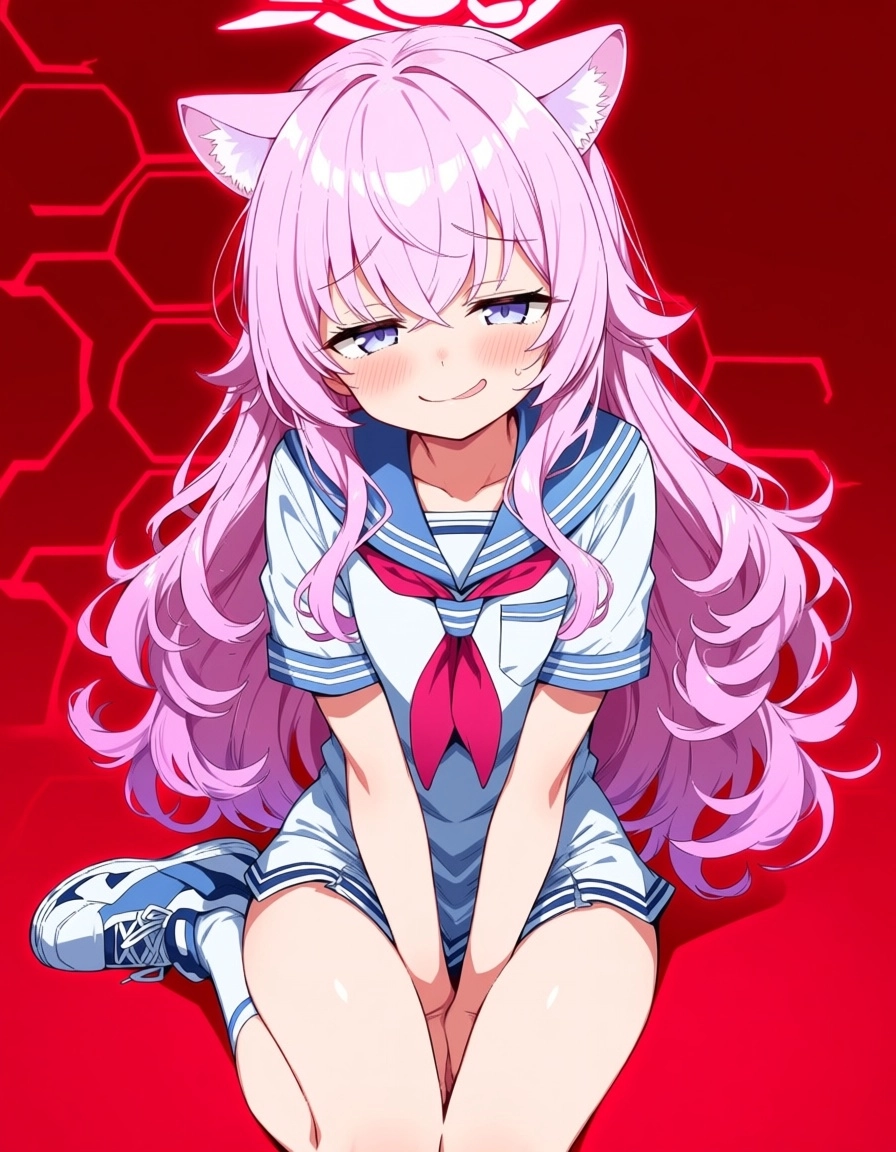 Anime-style illustration of a girl with long, wavy pink hair cascading over her shoulders and down her back, soft pink a
