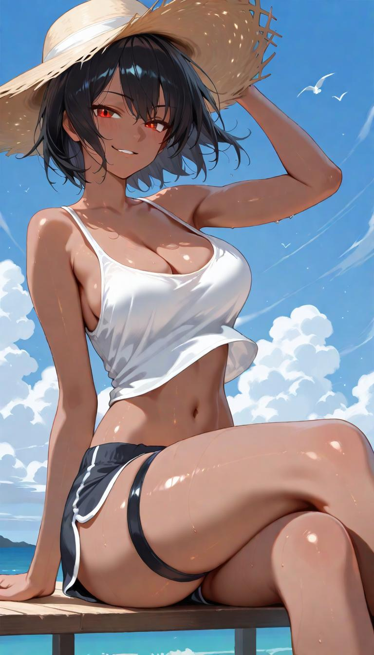 1girl, succubus, smirk, dark skin, toned, alternate costume, bird, blue sky, breasts, cleavage, crossed legs, hat, mediu