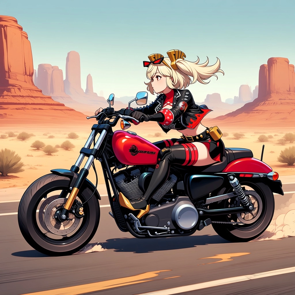 1girl, Burnice White, riding motorcycle, quarter side profile, blurred desert background, high angle shot, asphalt, wind