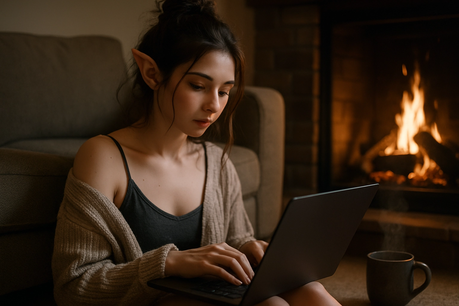 photo, photorealistic,  shot on a dslr, an 18 year old elf girl, messy dark tied up hair, wearing cardigan that falls of