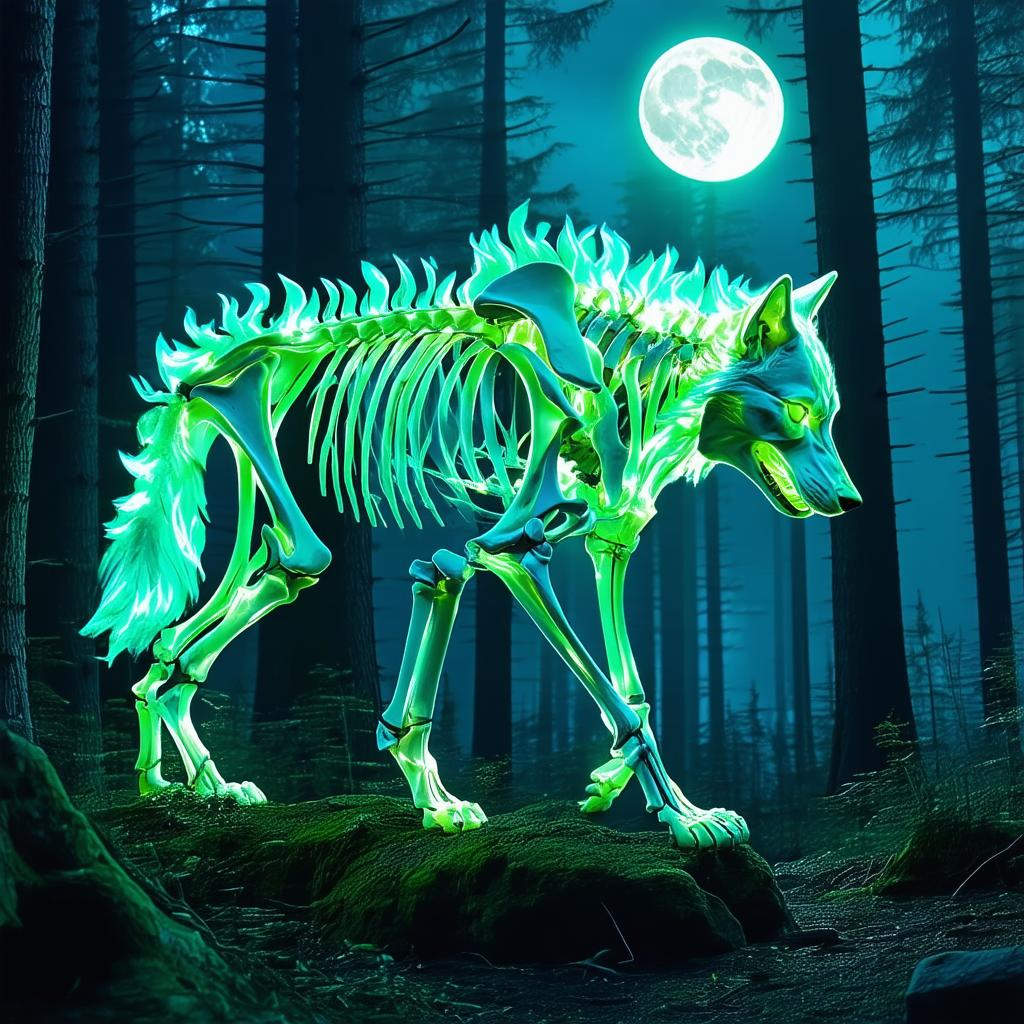 wolf-skeleton-made-of-green-flames-walking-through-forest-at-night-moon-shinning-k2268d9