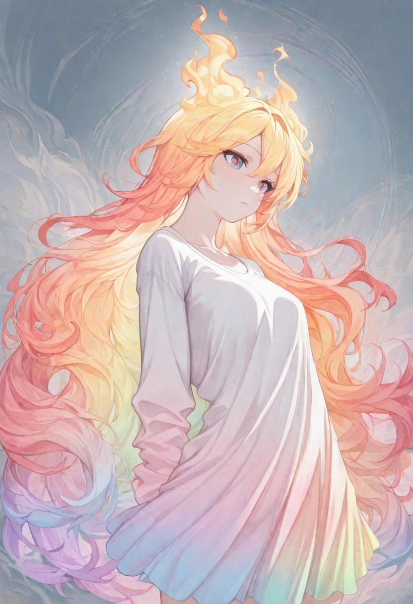 1 girl , solo , abstract iridescent hair , fiery hair , colorful , gradient color , Ombre color , smoke , very long hair