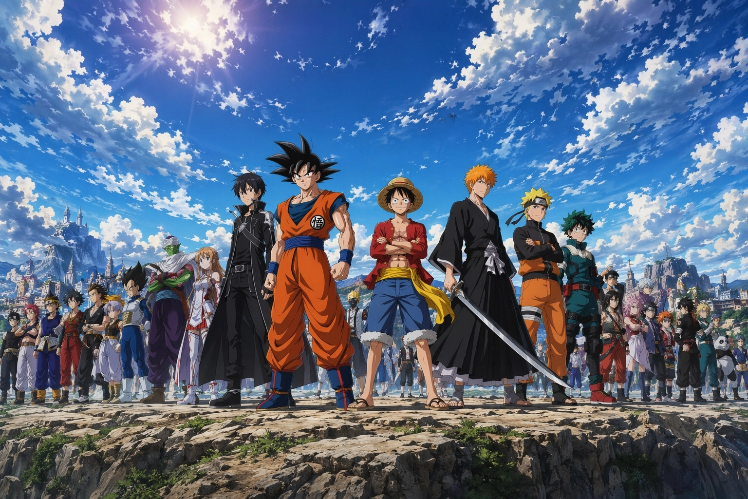 Epic lineup of anime protagonists. Goku from DBZ, Kirito from Sword Art Online, Luffy from One Piece, Ichigo from Bleach