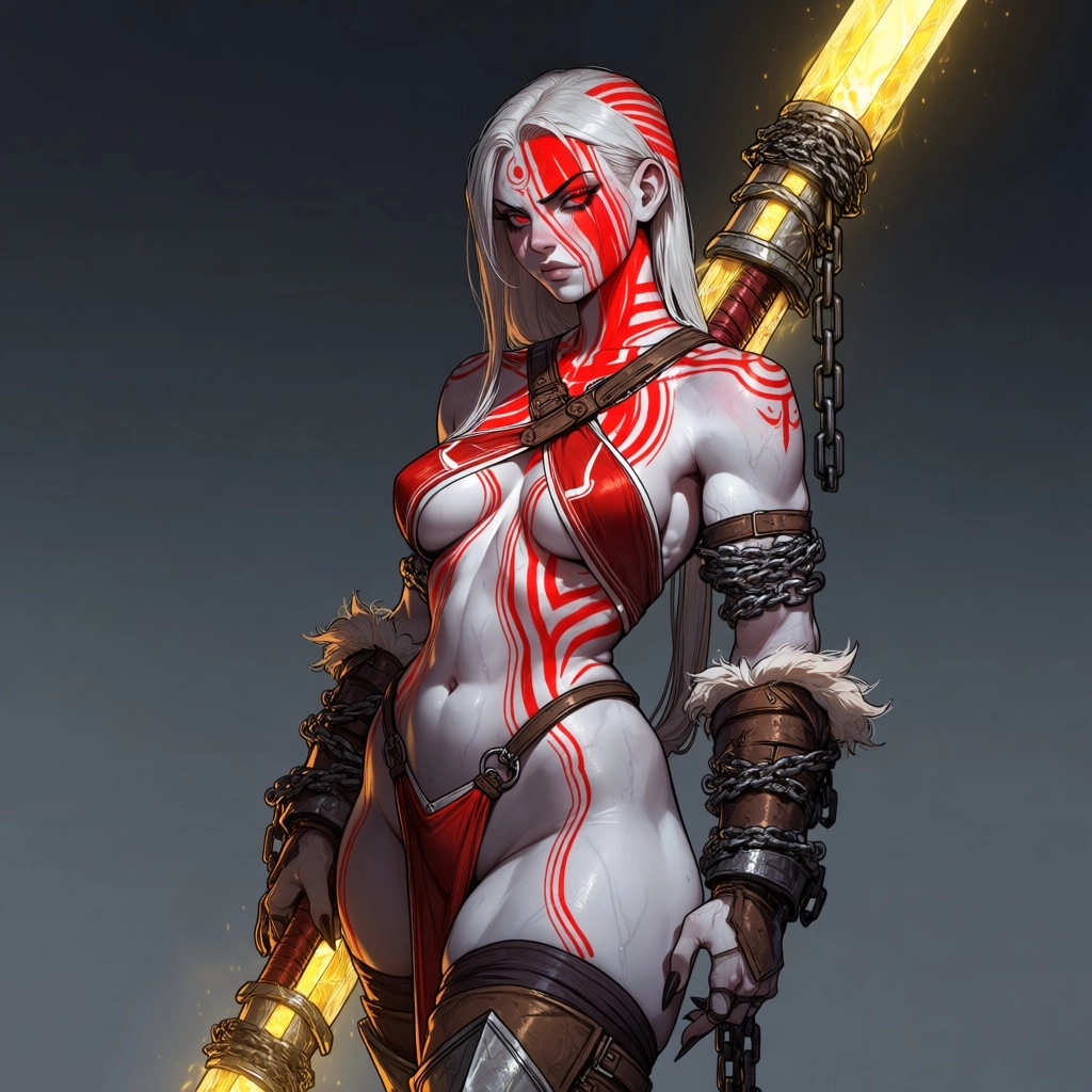 Picture a formidable warrior, her ash-white skin a stark contrast to the vibrant, crimson tattoo that artfully adorns he