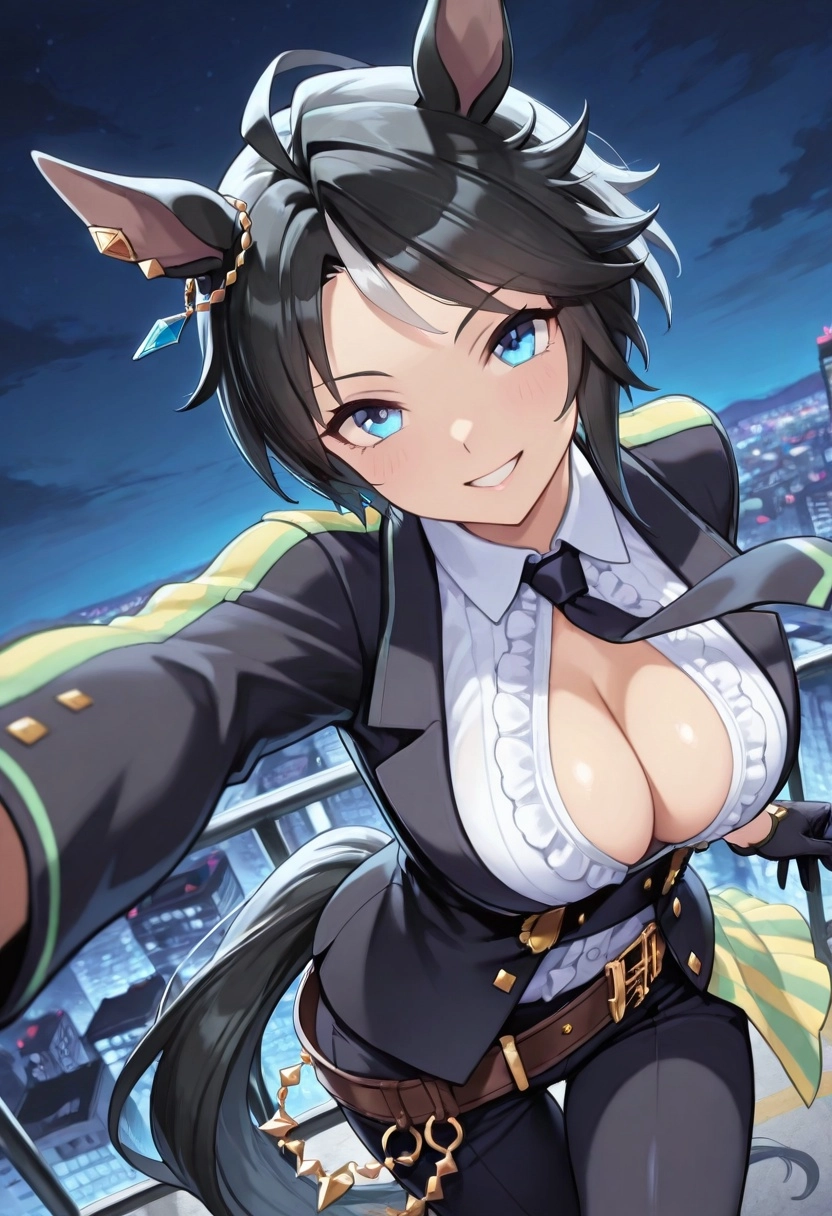 1girl, Fuji Kiseki(Umamusume),smile, Dynamic angle, Dynamic pose, looking at viewer,night sky, cityscape