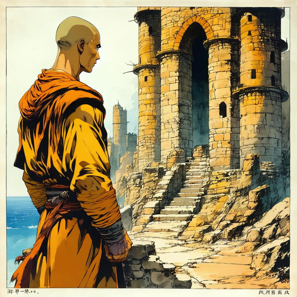 {masterpiece}, surreal, color ink etching {shadows}, 1980's Amano anime style, male monk rpg (aged 20), exploring a towe