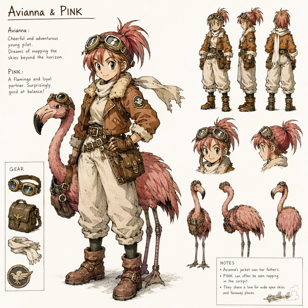 Concept art for an anime inspired pilot girl with goggles who has a flamingo partner standing with her. Chrono Trigger c