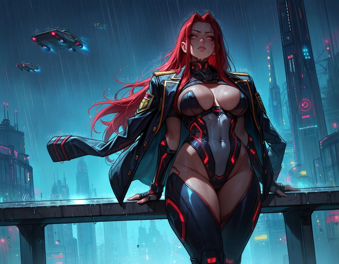 1 girl, sci-fi mood, futuristic, gorgeous body, raining, staying outside under the rain, very serious,
looking at us, dr