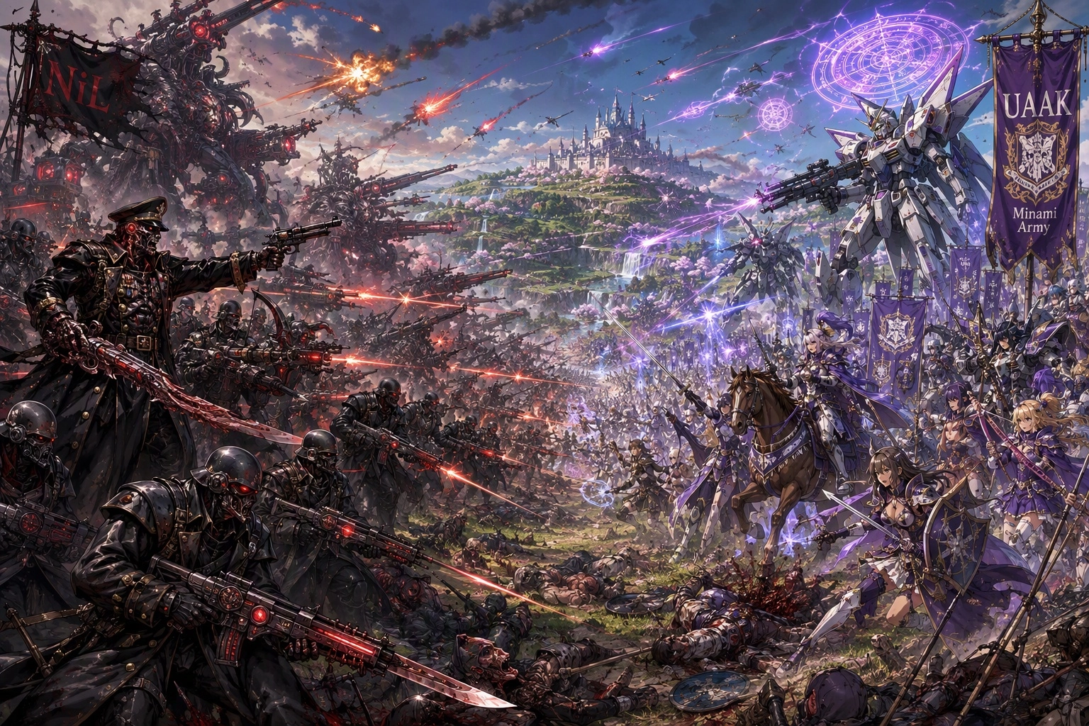 A grand  scale, chaotic. horrifying violent, bloody epic battle.

On the  left:  An army of biomechanical humanoid horro